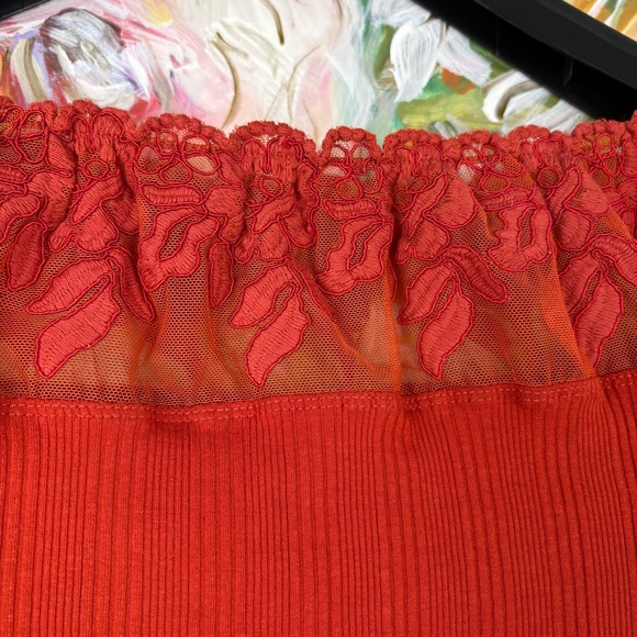 Free People Red Ribbed Lace Off Shoulder Long Sleeve Top Size L - Picture 7 of 12